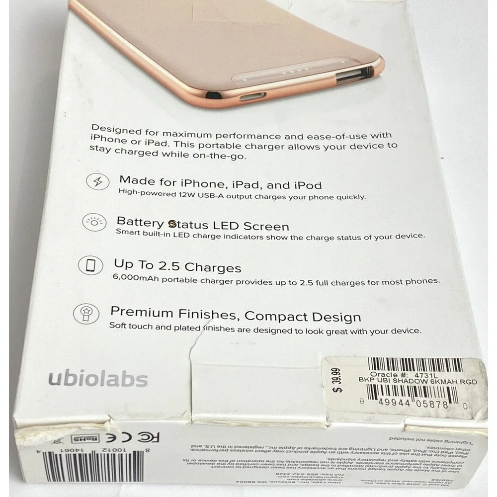 ubiolabs Power 6,000 mAh Shadow Series Apple iPad‎ iPod iPhone Rose Gold Pink